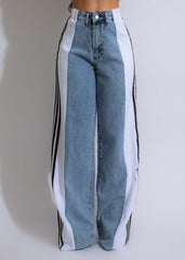 Fashion Casual High Waist Three Stripe Denim Wide Leg Pants