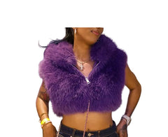 Cropped Faux Fur Jacket  Zip-Up Hooded Sleeveless Midriff-Baring Top
