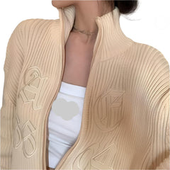 Trendy High Neck Zip-Up Cable Knit Stylish Warm & Cozy Cardigan