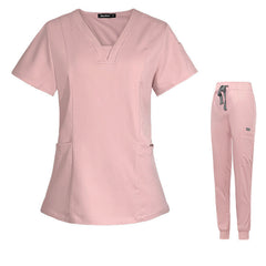 Women's Pink V-Neck Cargo Jogger Nurse Pant Set - Breathable Short-Sleeved Uniform
