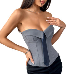 Women's Strapless Corset Bandeau Top  Solid Color Tube Top with Tie Front Design