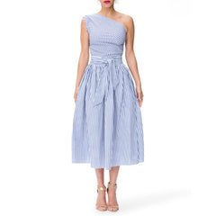 Women's One Shoulder Striped Midi Dress with Pockets Summer Bodycon Style