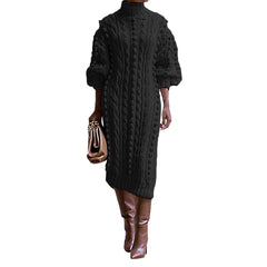 Stylish Women's Casual Knitted Long Dress with Turtleneck and Slit Detail