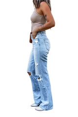 Women’s Ripped Stretch Baggy Jeans  Medium Wash Mid-Rise Flap Pocket Bootcut Denim