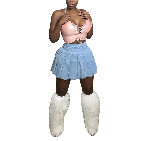 Women's Casual Solid Color Denim Pleated Skirt