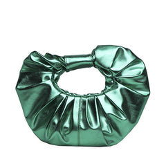 Green Metallic Women's Trendy Oval Ruched Faux Leather Shoulder Stylish and Versatile Handbag 