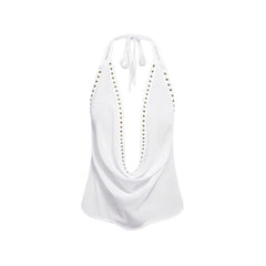 White Women's Tiana Studded Cowl Neck Halter Top Slim Fit Solid Color Tank Top