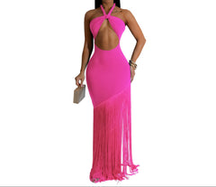 Pink Women's Twist Knot Strapless High Waist Tassel Maxi Dress  Elegant Temperament