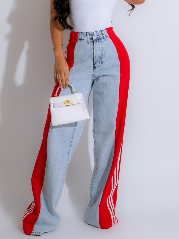Fashion Casual High Waist Three Stripe Denim Wide Leg Pants