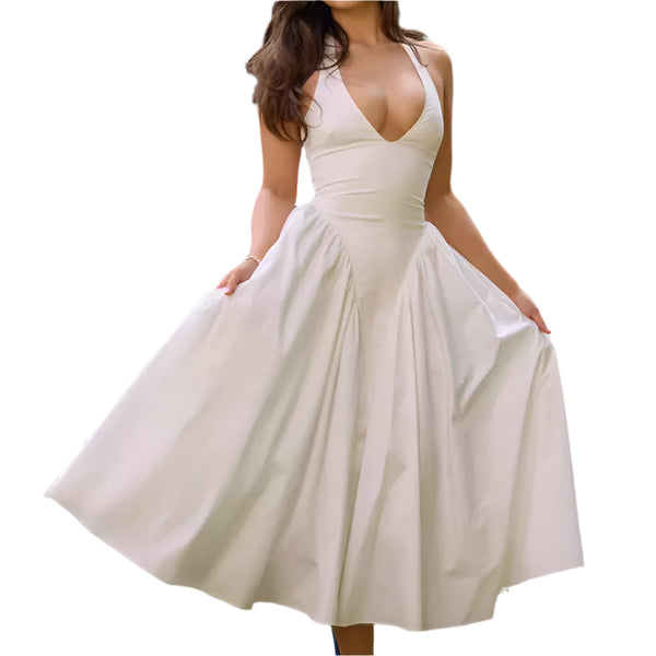 White Spring Women's Elegant  Fashion V-Neck Halter Maxi  Dress