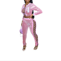 Pink Women's Sequin Long Sleeve Shirt & Lace-Up Pencil Pant Set – Stylish Fashion Outfit for Parties & Night Out or Super Bowl Outfit