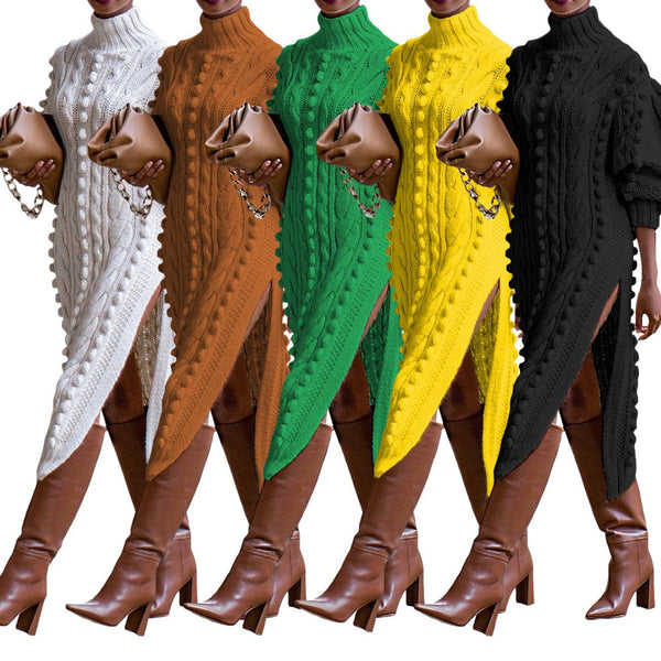 Stylish Women's Casual Knitted Long Dress with Turtleneck and Slit Detail