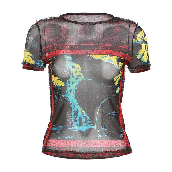 Elevate Your Street Style: Women's Fashion Digital Printing Round Neck Mesh Top