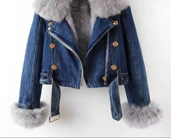 Dark Blue Women’s Moscow Denim Faux Fur Hooded Bomber Coat