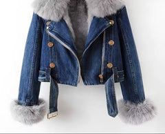 Dark Blue Women’s Moscow Denim Faux Fur Hooded Bomber Coat