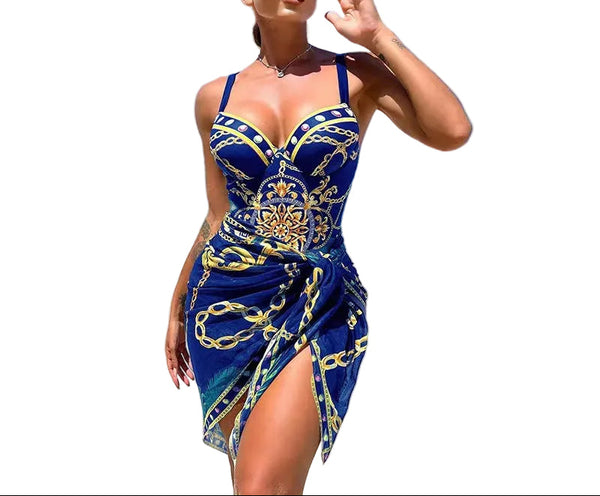 Blue Women's One Piece Two Piece Bikini Set Printed Slim Fashion Swimsuit Blouse Style