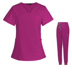 Women's Rose Red V-Neck Cargo Jogger Nurse Pant Set - Breathable Short-Sleeved Uniform