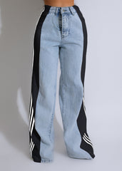 Fashion Casual High Waist Three Stripe Denim Wide Leg Pants