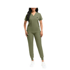 Olive Green Essential Multi-Pocket V-Neck Scrub Set for Women - Top and Bottom