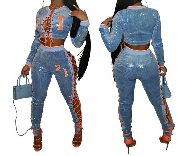 Glam Fusion Sequin & Lace-Up Pencil Pant Set