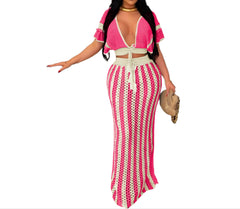 Pink Vibe Knit Striped V-Neck Hollow Out Set Chic Women's Knitted Outfit