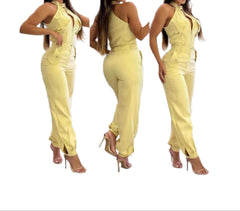 Yellow Women's 2-Piece Halter Neck Set – High Waist Pants & Top Summer Outfit