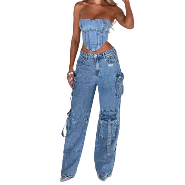 Women's Low Waist Cargo Jeans – 3D Tube Top Pocket Design