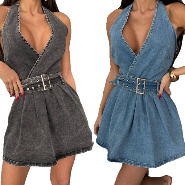 Belted Halter Denim Sundress – Backless & Breezy for Summer Trips