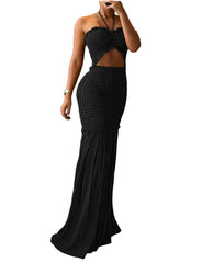 Black  Plus Size Women's Printed Patchwork Maxi Dress  Sleeveless Elegant Strap Dress for Work, Casual & Summer Wear