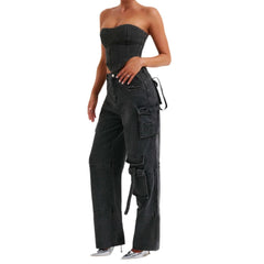 Women's Low Waist Cargo Jeans – 3D Tube Top Pocket Design