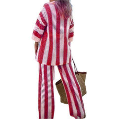Chic Vibe Women's Knitted Striped Lounge Set – V-Neck Hollow Top & Wide Leg Pants
