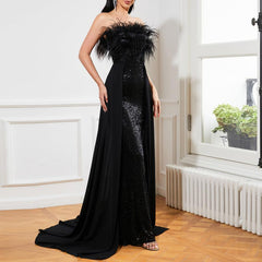 Women's Backless Long Sequined Prom Dress – Sleeveless Wrapped Chest Evening Gown