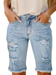 Women’s Casual Jean Shorts Stretch Cotton Mid-Rise Super Destroyed Denim Shorts