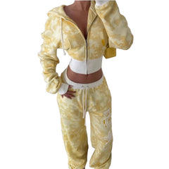 Yellow Plus Size Women's Cute Camo Sweat Set Fall Hooded Lounge Set with Long Sleeve Top & Jogger Pants