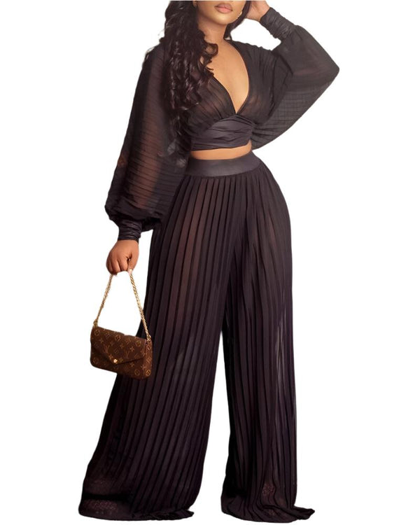 Chic Women's Black Pleated Wide-Leg Pants Set - Stylish Vacation Outfit