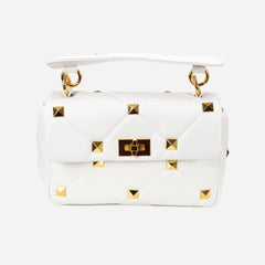 White Luxe Glam Diamond Quilted Convertible Satchel Studded Shoulder Bag for Women
