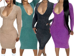 Chic Striped V-Neck Bodycon Dress Long Sleeve Casual Elegance