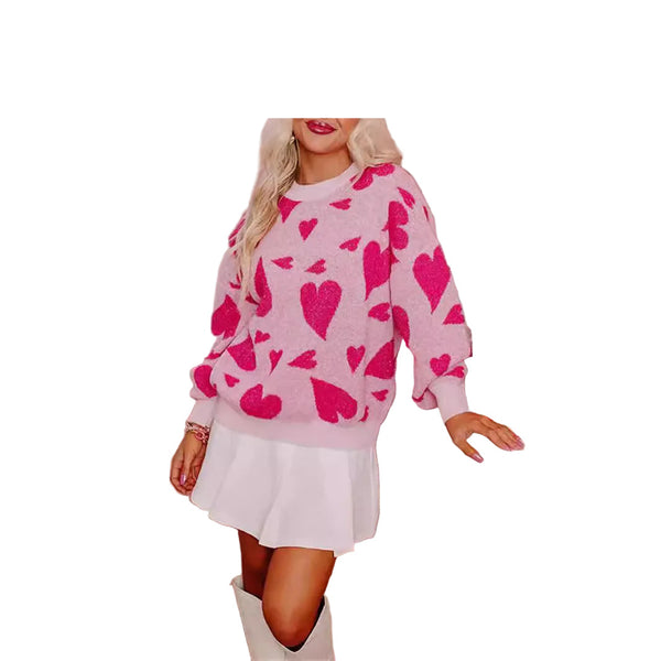 Pink Women’s Round Crew Neck Heart Pullover  Sweet College Style