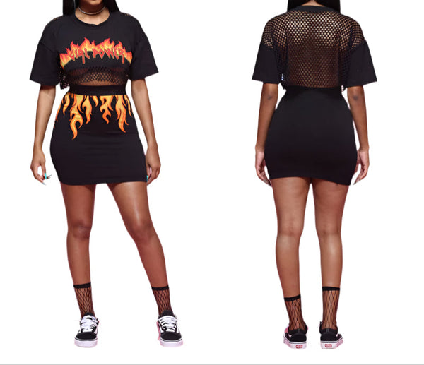 Black Flame Mesh Crop Top & Skirt Set Sexy Sheer Two-Piece Outfit for Women