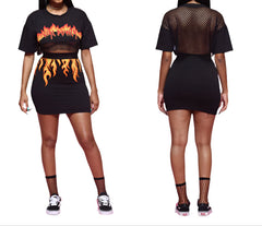 Black Flame Mesh Crop Top & Skirt Set Sexy Sheer Two-Piece Outfit for Women