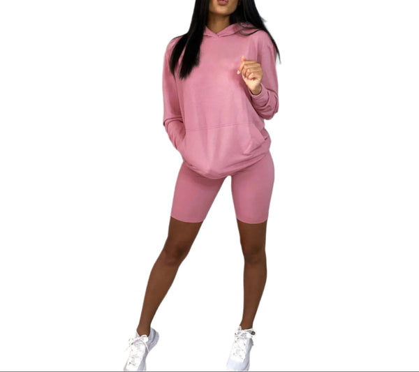 Pink Women's Lightweight Summer Two-Piece Set – Casual Sweatshirt & Shorts Loungewear for Sport & Travel