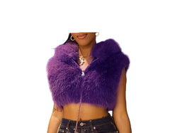Cropped Faux Fur Jacket  Zip-Up Hooded Sleeveless Midriff-Baring Top