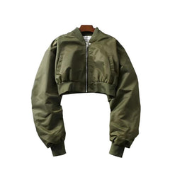 Army Green Women's Loose Cropped Pilot Jacket - Stylish Flight-Inspired Outerwear