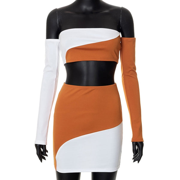 Women's Crop Top & Mini Skirt Set  Long Sleeve 2-Piece Outfit
