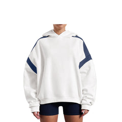 Plus Size Beige Cozy Fleece Oversized Hoodie for Women – Contrast Shoulder Stripes