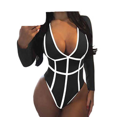 Black Sexy Patchwork V-Neck Bodysuit Set for Women – Long Sleeve, Slim Fit, Seductive Partywear