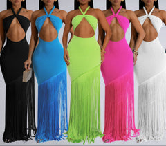 Women's Twist Knot Strapless High Waist Tassel Maxi Dress Elegant Temperament