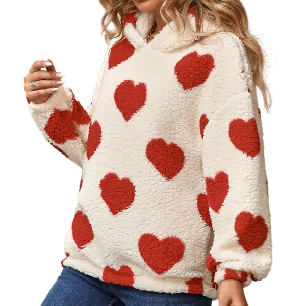 Plus Size Women’s Oversized Love Red Heart Pullover  Wool & Hooded Plush Sweatshirt
