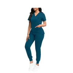 Teal Blue Plus Size Women's, Multi-Pocket, V-Neck, Scrub Top, Pants, Set 