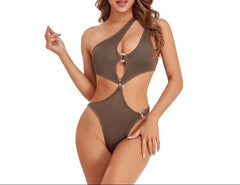Coffee Brown One-Shoulder Cutout Bikini Solid Color Oblique Swimsuit for Women